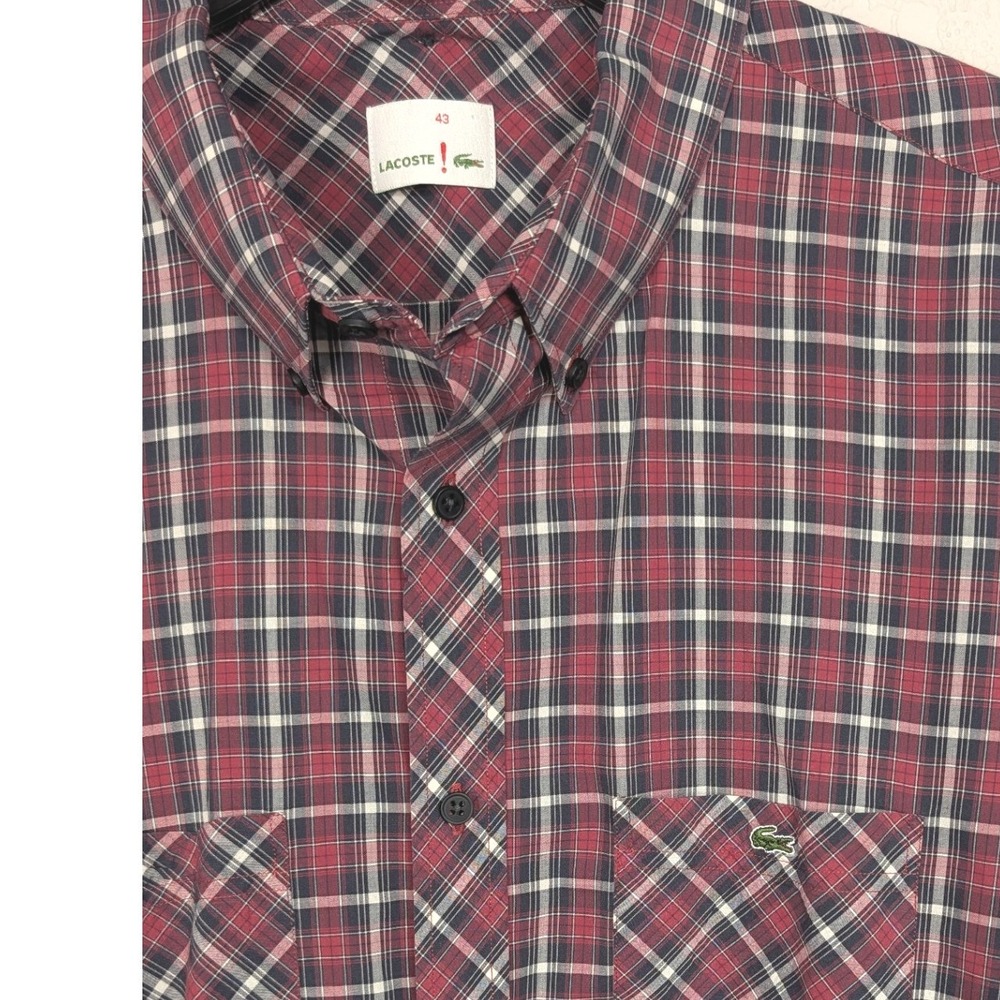 Lacoste Button Down Shirt Mens 43 Large Red Plaid Long Sleeve Dual Pocket Logo